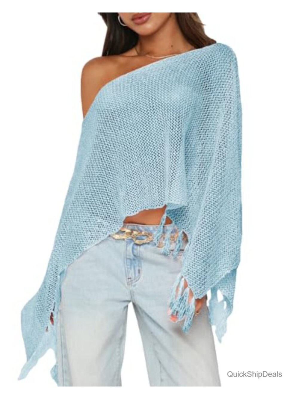 Sheer Knit Fringe Poncho Wrap Lightweight Crochet Sequin Shawl Top